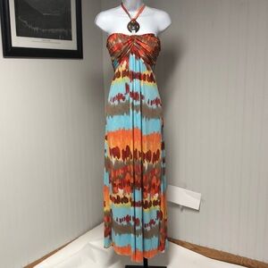 Women’s Boston Proper Multi Color Orange Blue and Brown Maxi Dress Size M